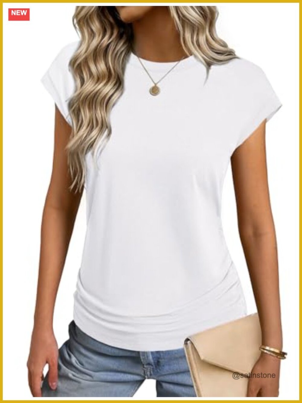 Women's Ruched Cap Sleeve Crew Neck Cotton Blend T-Shirt Summer Top